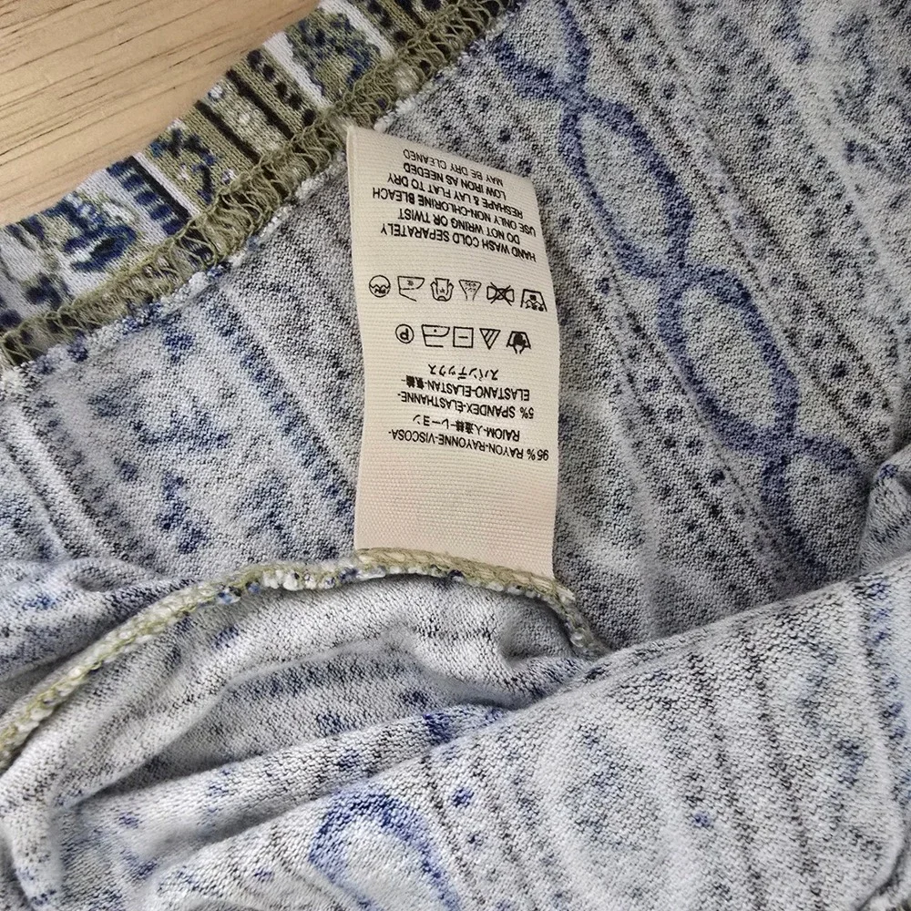 Free People Womens Blue‎ Olive Paisley Stripe Mock Neck Tie Cuff Top Small